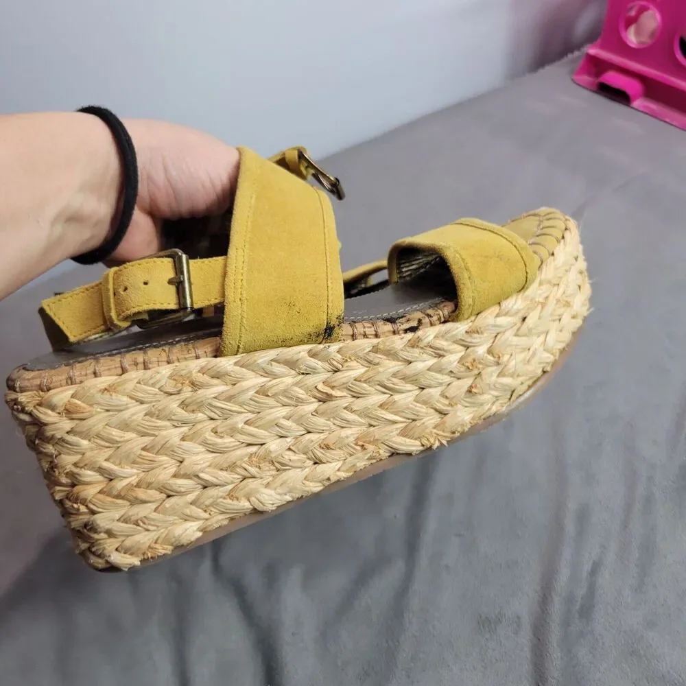 Naughty‎ Monkey Womens Espadrille Wedge Sandals Size 8.5 Yellow Suede & Raffia